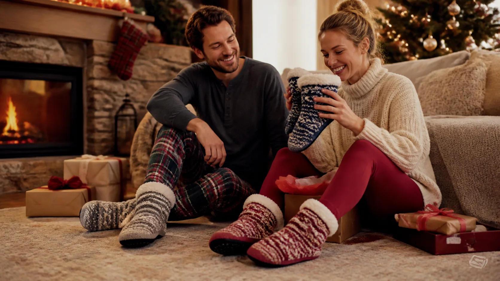 Representative pair of thick sherpa-lined slipper socks by a fireplace