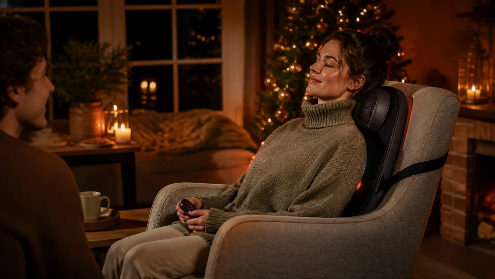 Representative shiatsu massage cushion resting on a living-room armchair