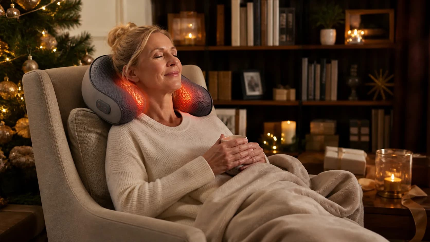 Representative U-shaped massage pillow resting on the back of an armchair