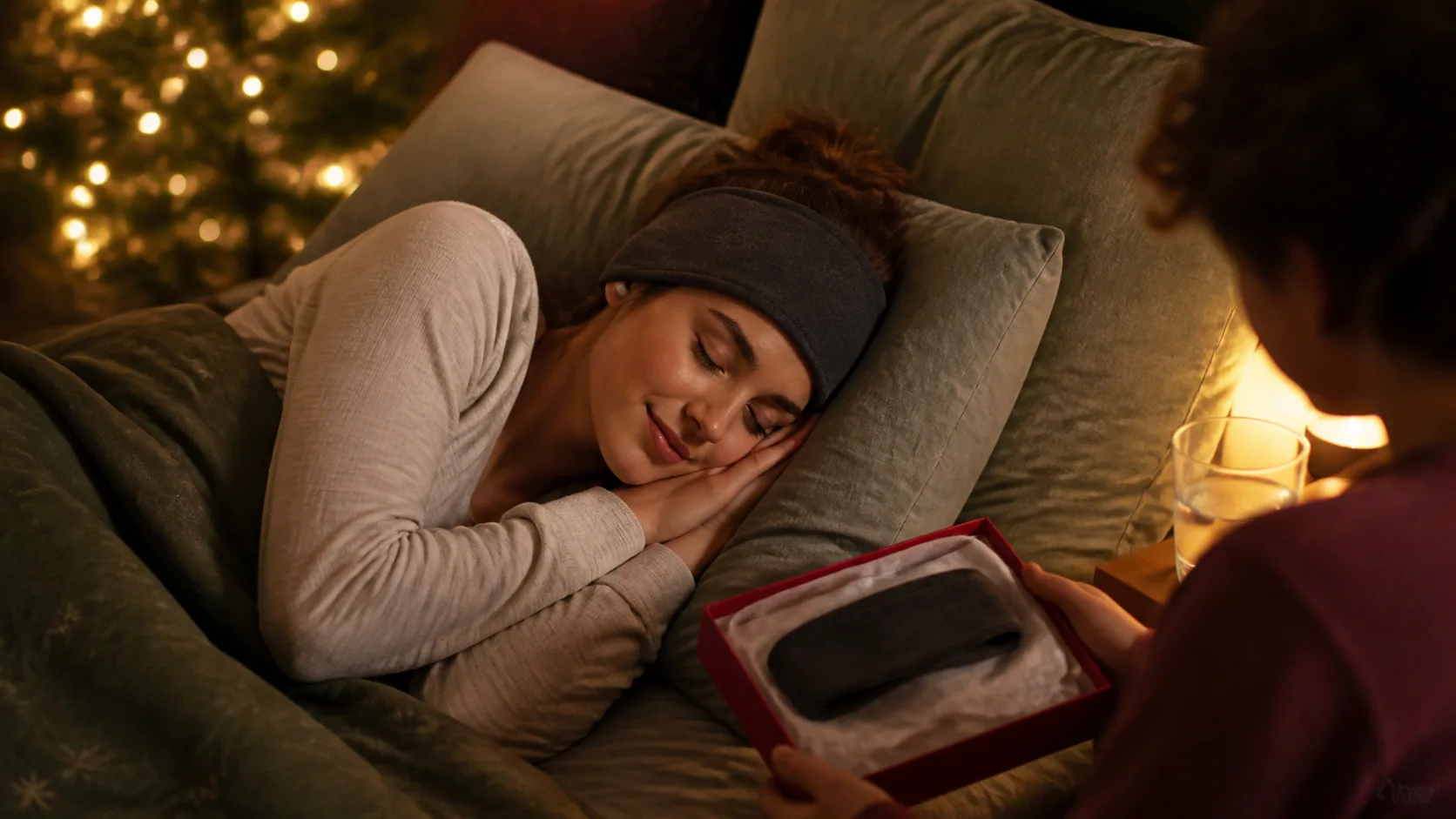 Representative soft fabric headband with thin speakers on a pillow