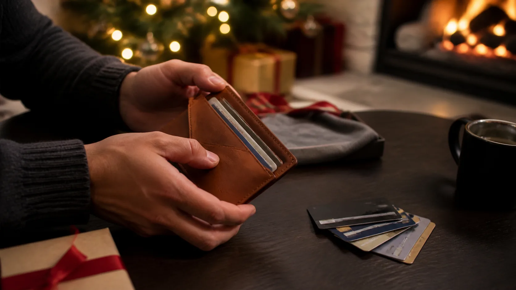 Representative slim brown leather wallet with cards fanned beside it on a dark table