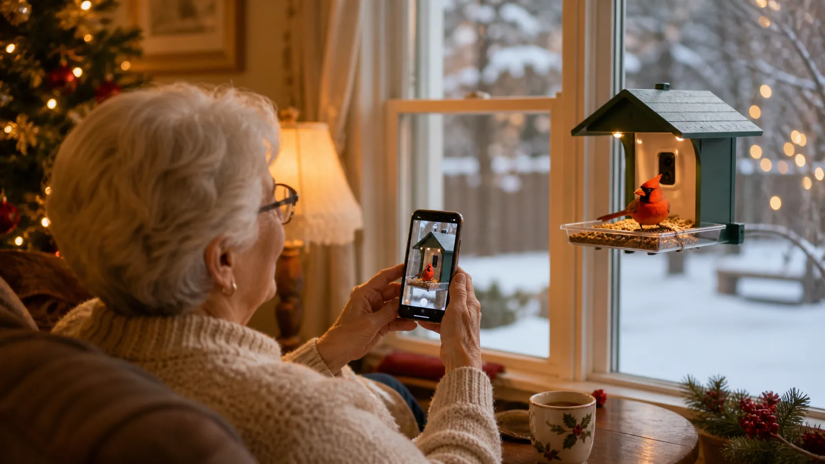 Representative smart bird feeder with built-in camera and a cardinal perched on it