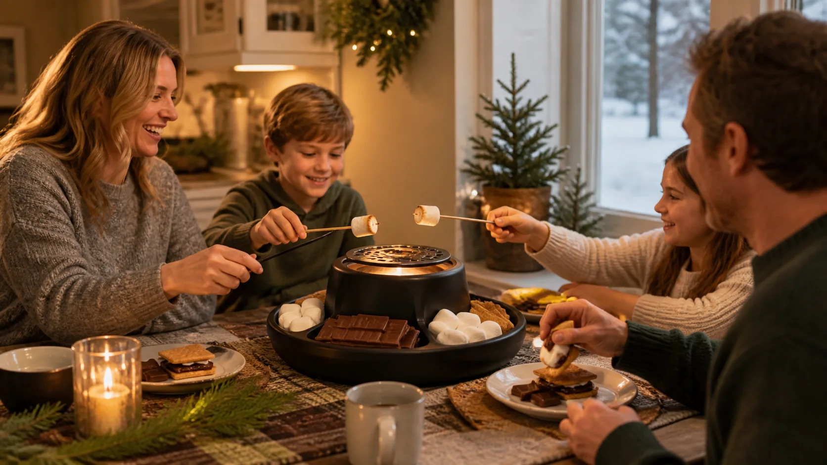 Representative tabletop s'mores roaster surrounded by marshmallows and crackers