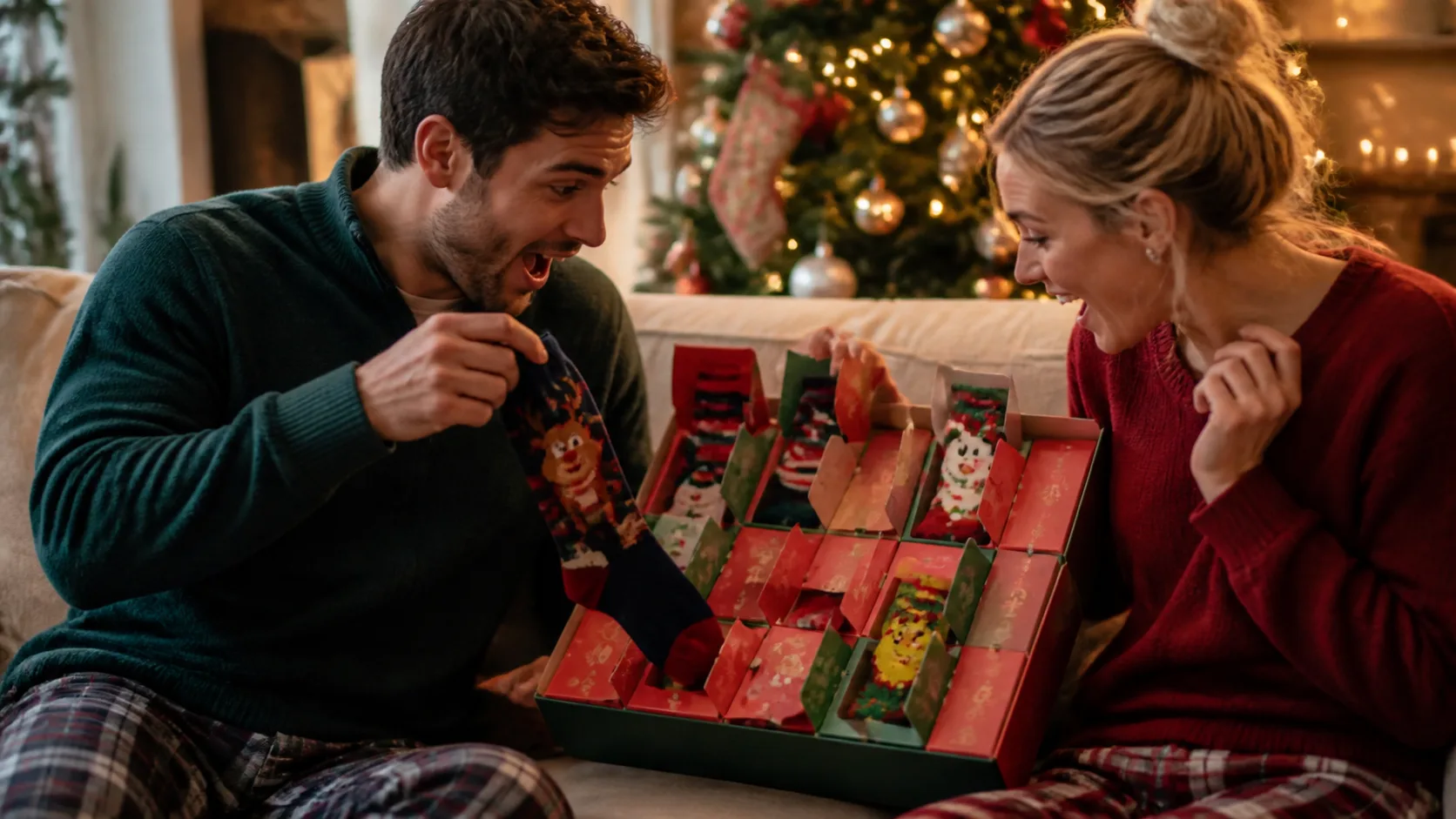 Representative countdown box with folded colourful holiday socks peeking from open flaps