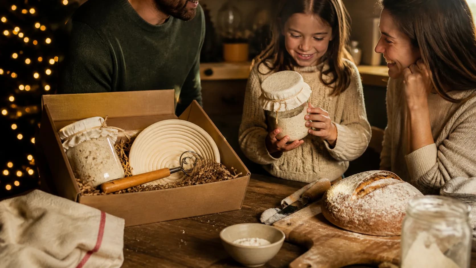 Representative sourdough starter kit with a glass jar, cloth cover, and baking tools