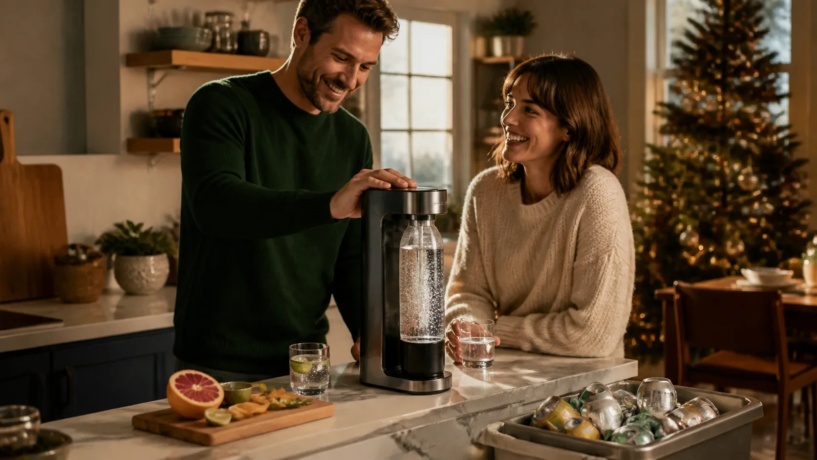 Representative sparkling water maker carbonating a bottle on a counter