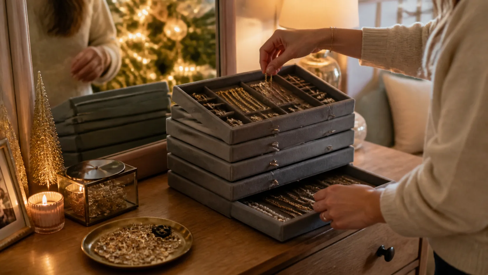 Representative stacked velvet-lined jewelry trays holding rings and necklaces on a dresser