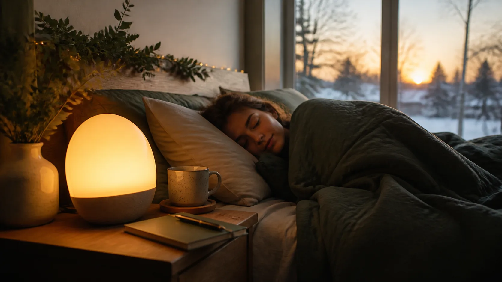 Representative sunrise alarm clock glowing amber on a bedside table at dawn