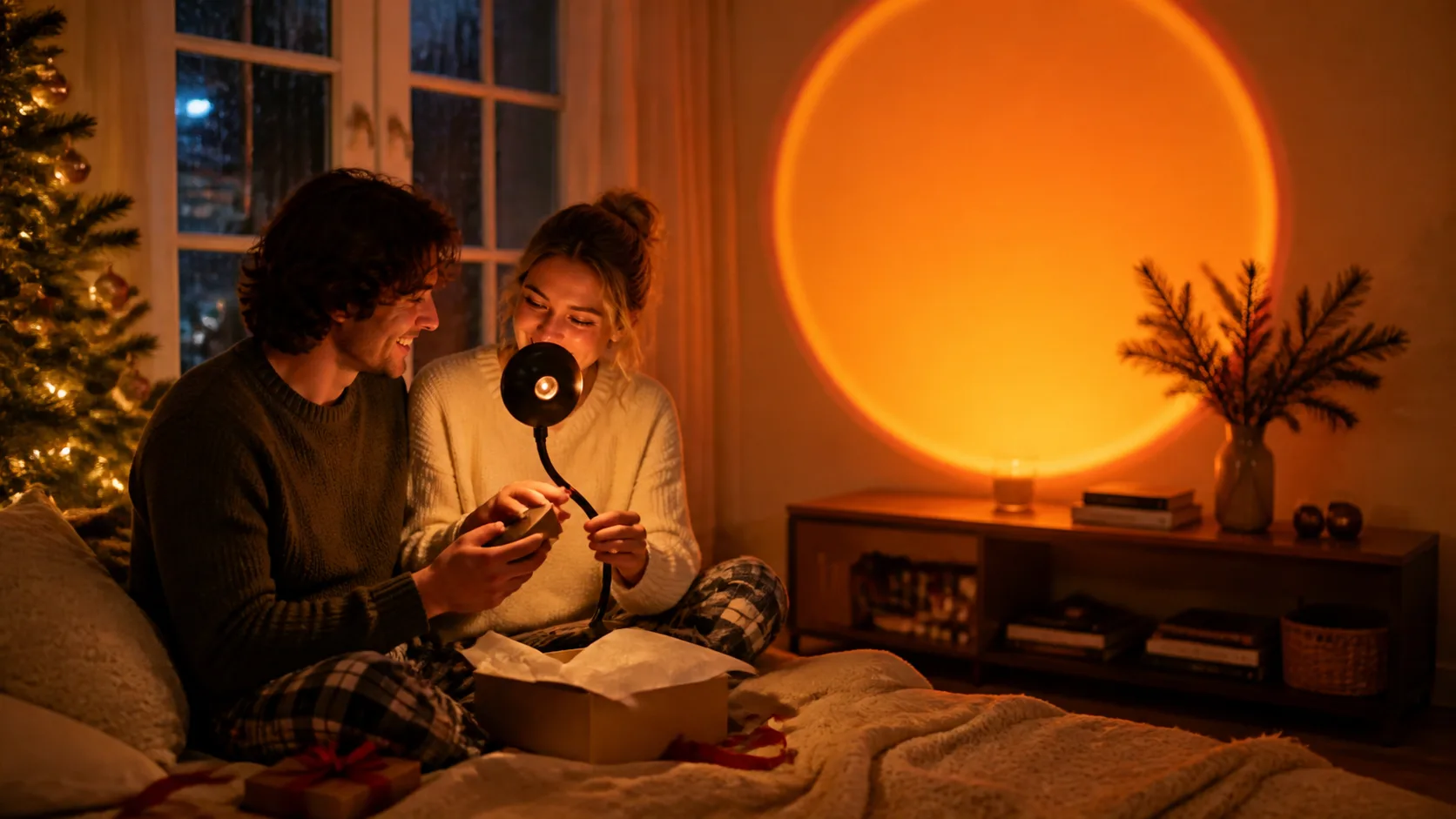 Representative sunset lamp casting a warm orange circle of light on a bedroom wall