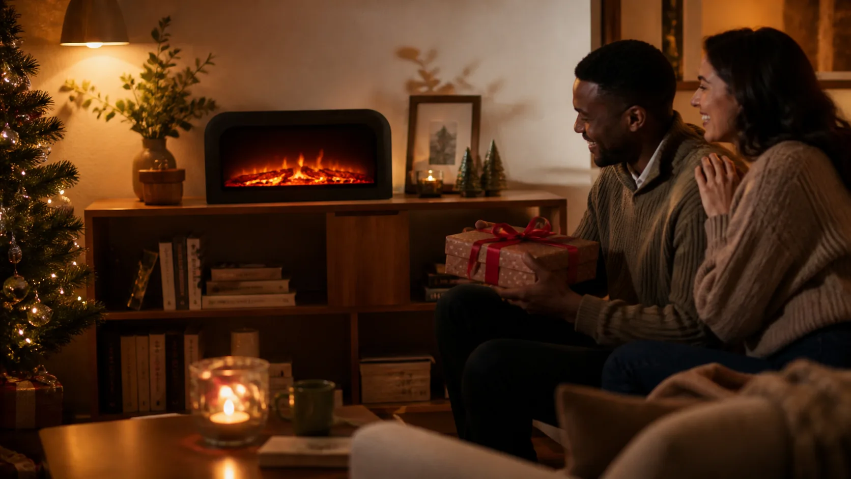 Representative small tabletop electric fireplace glowing on a console table
