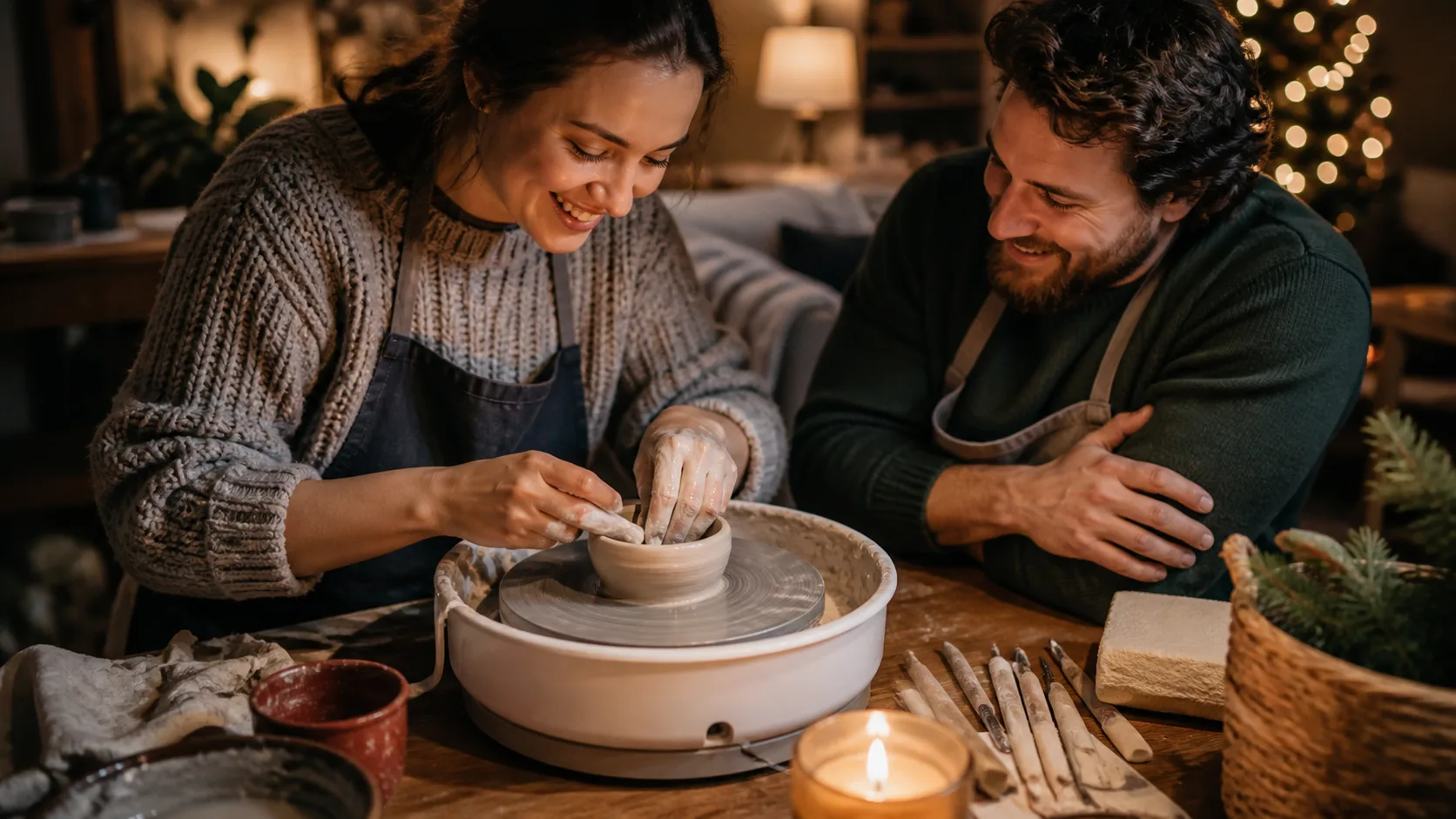 Representative small tabletop pottery wheel with wet clay being shaped by hand
