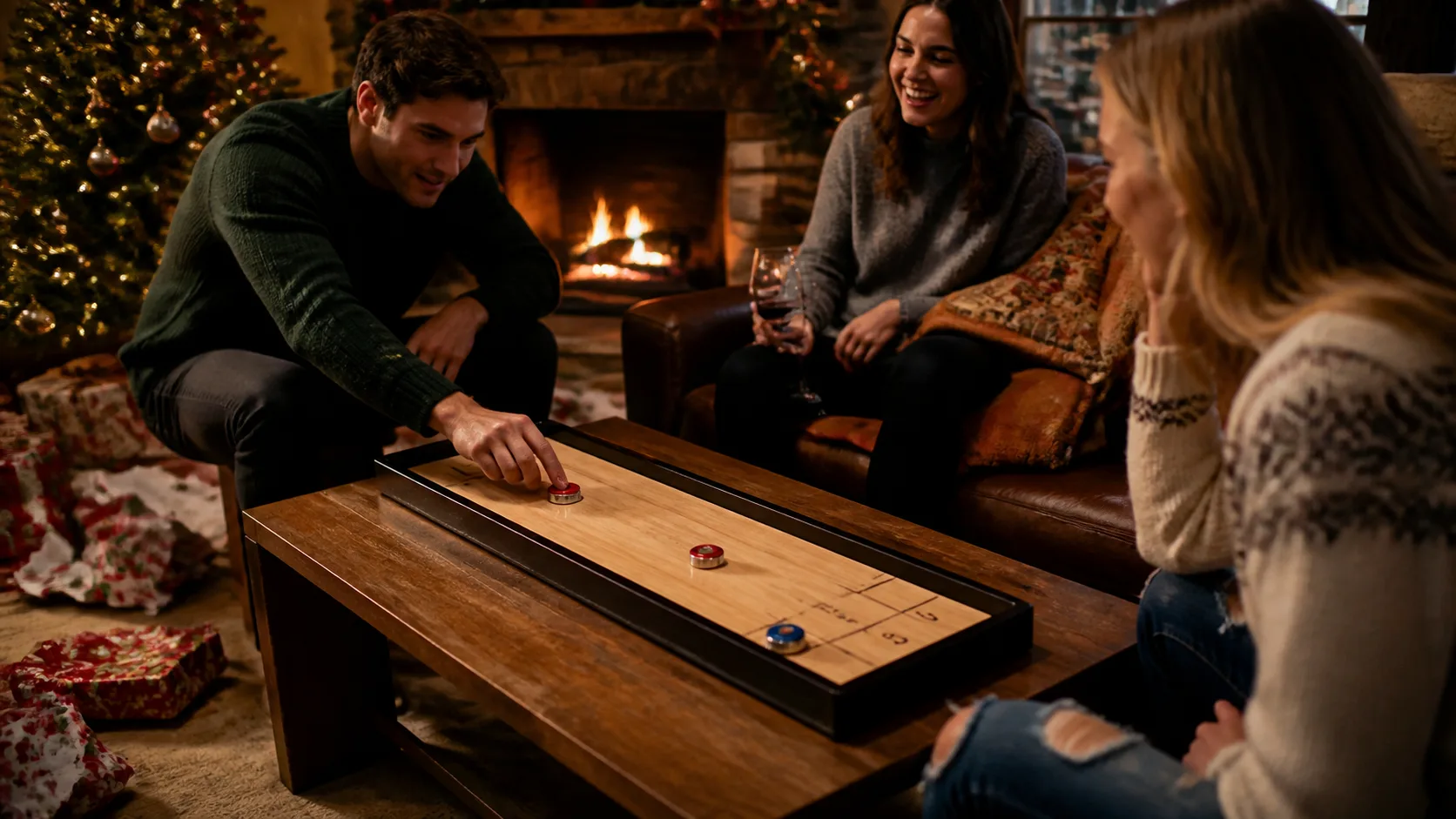 Representative mini tabletop shuffleboard with sliding pucks on a wooden lane