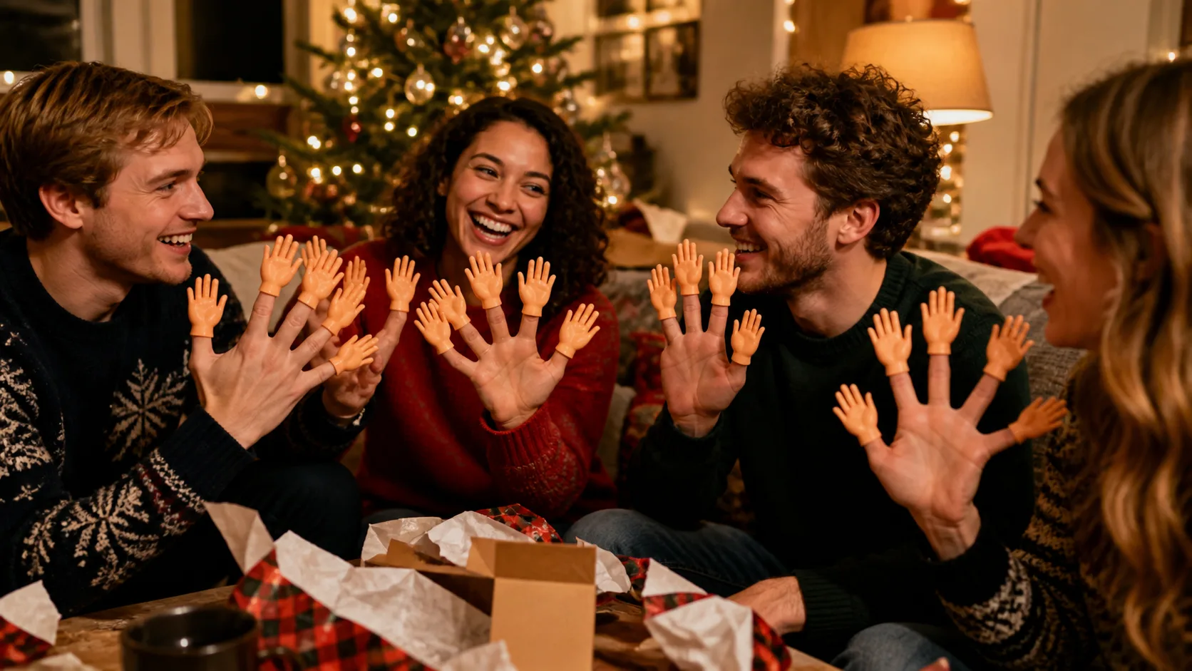 Representative cluster of miniature rubber hands perched on raised fingertips