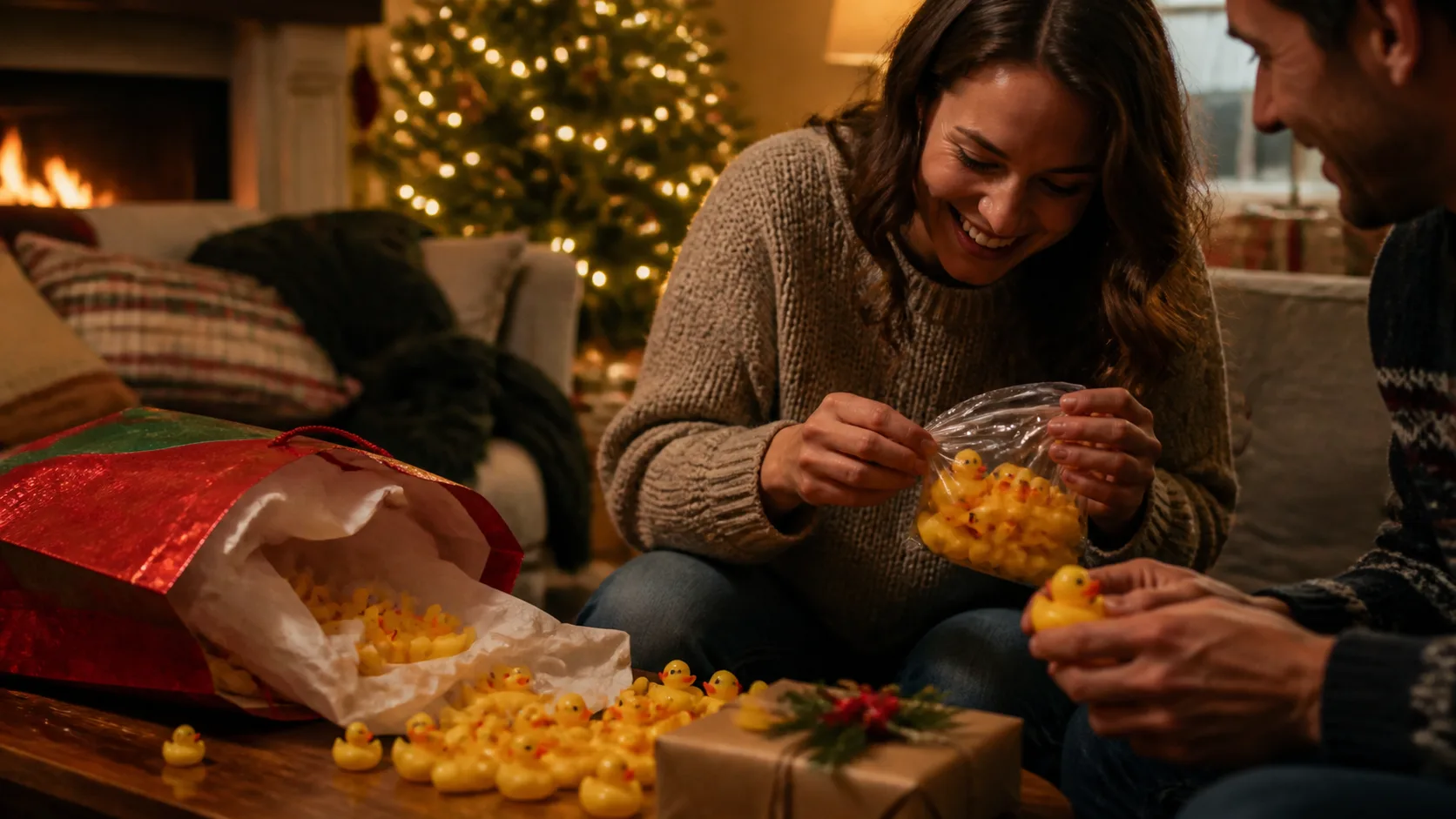 Representative pile of tiny yellow rubber ducks spilling from a gift bag