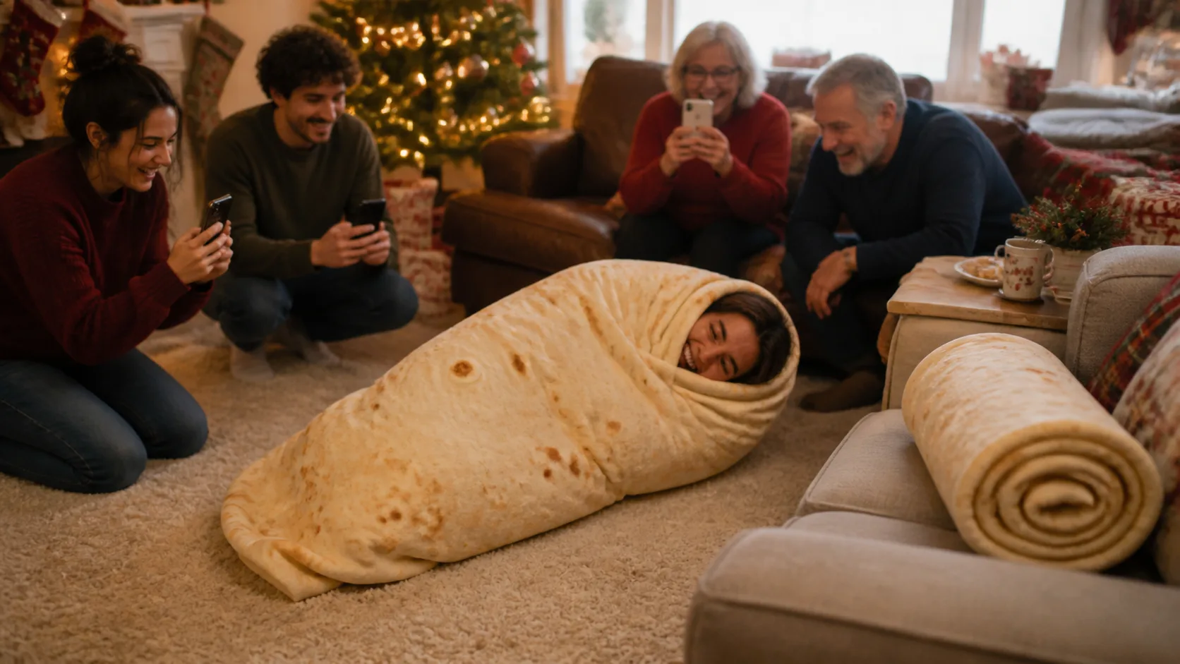 Representative round tortilla-print blanket rolled up on a couch