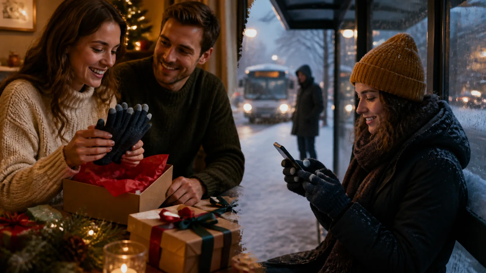 Representative knit winter gloves with touchscreen fingertips beside a phone