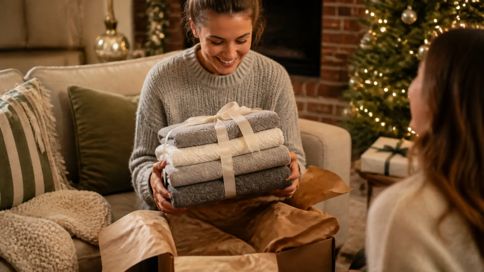 Representative stack of folded Turkish cotton towels in neutral tones