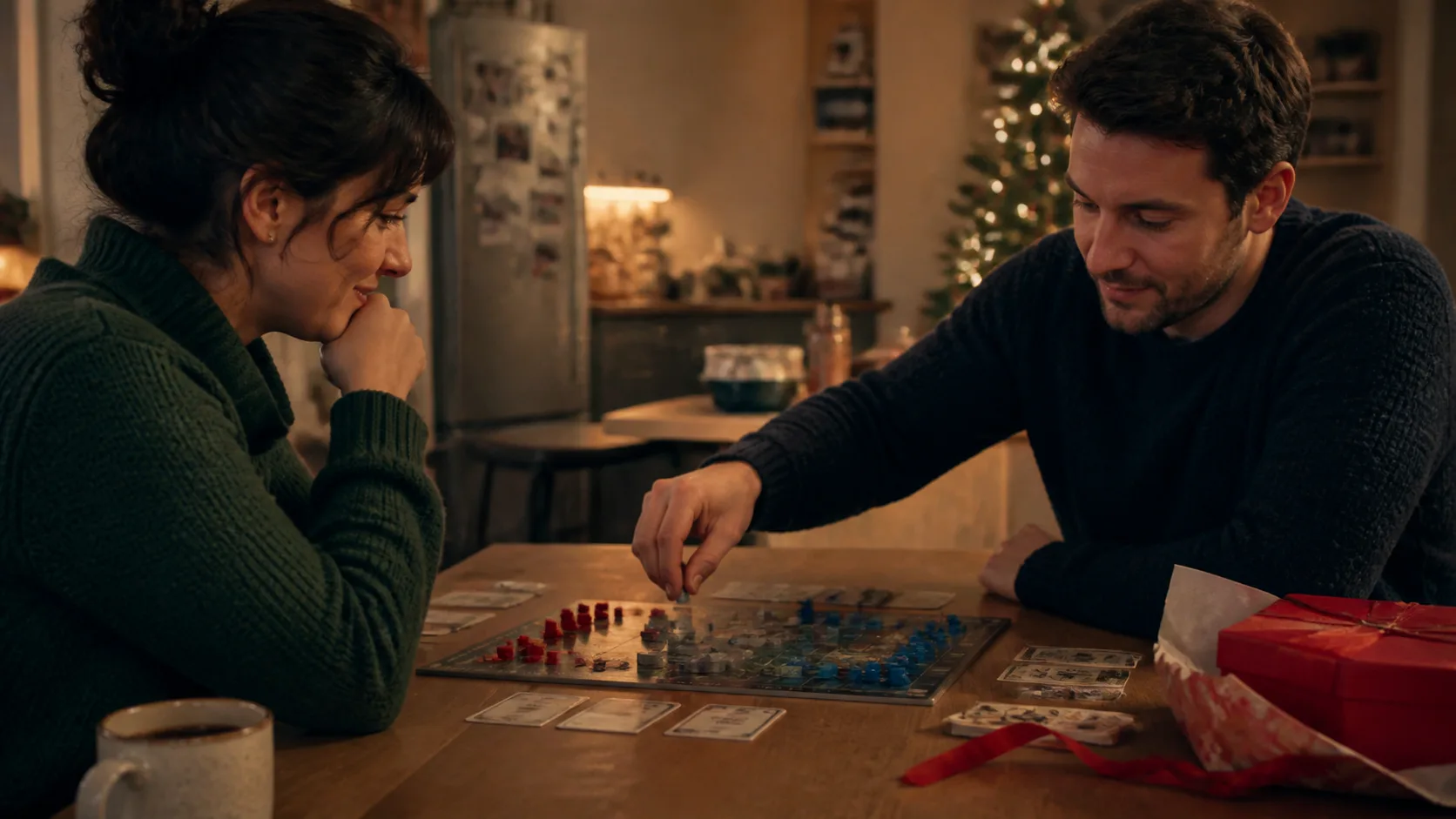 Representative two-player board game set up mid-match on a kitchen table