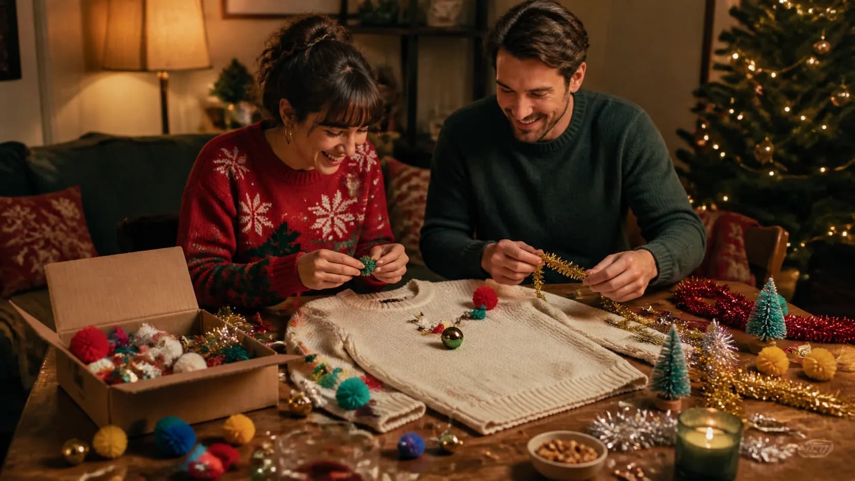 Representative craft kit of pom-poms, tinsel, and mini ornaments beside a plain sweater