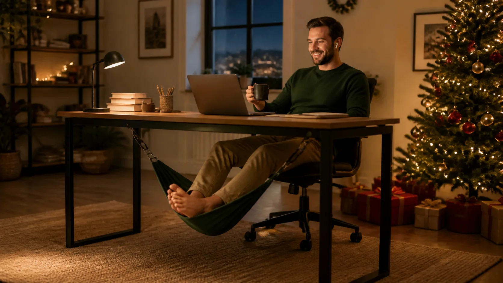Representative fabric foot hammock slung beneath a desk with feet resting in it
