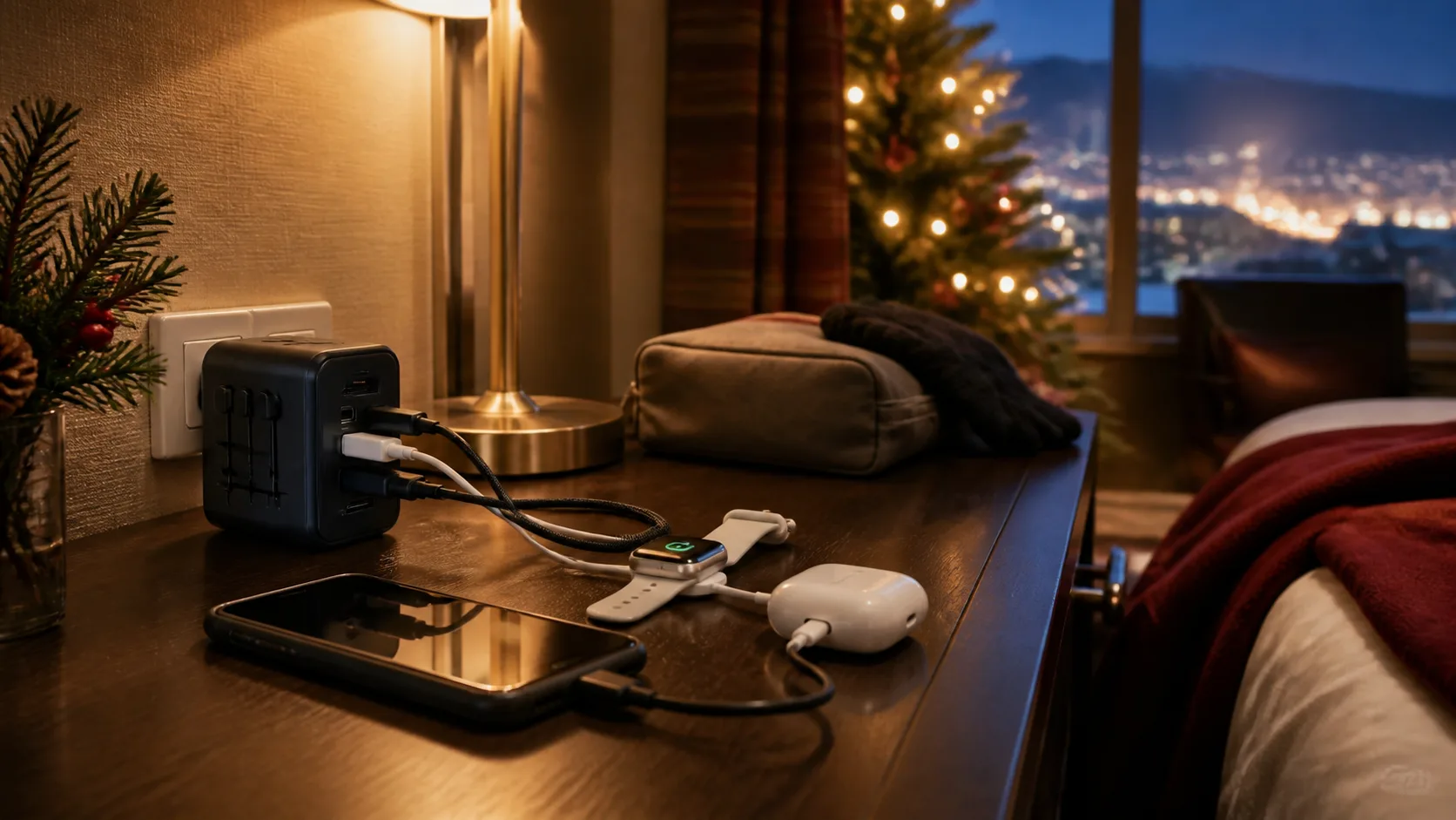 Representative universal travel adapter with sliding plugs and USB ports on a hotel desk