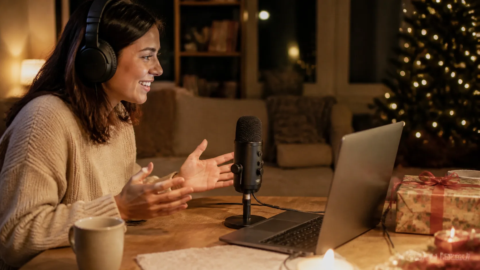Representative USB microphone on a desk stand beside a laptop