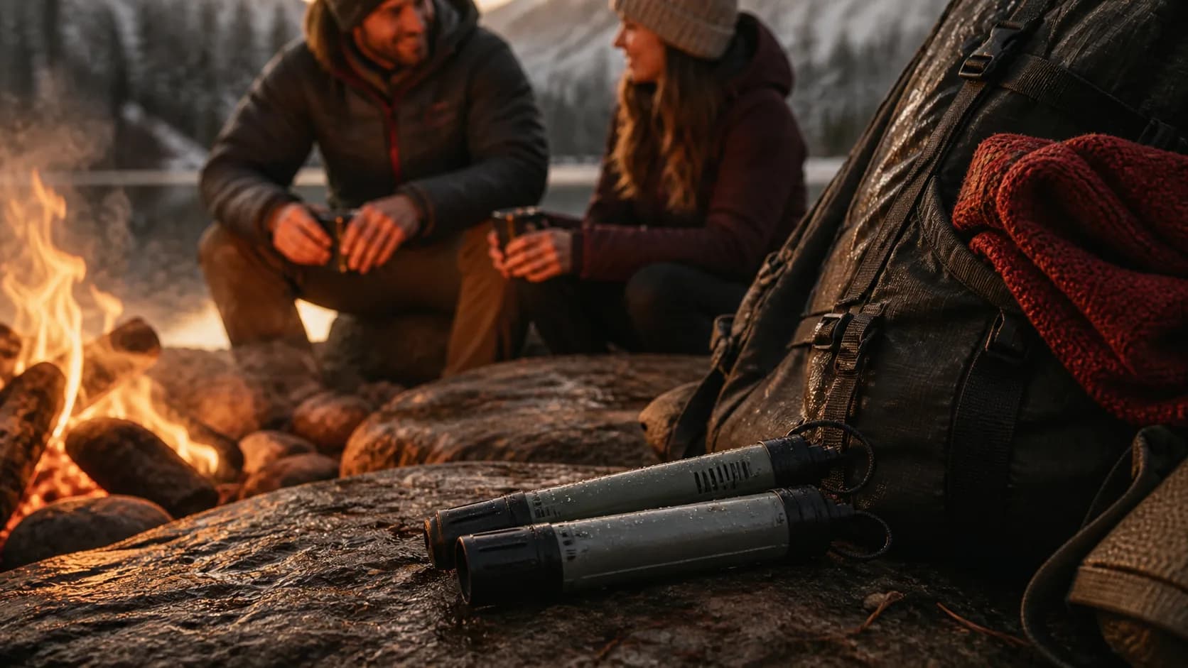 Representative pair of portable water filter straws laid out beside a hiking pack
