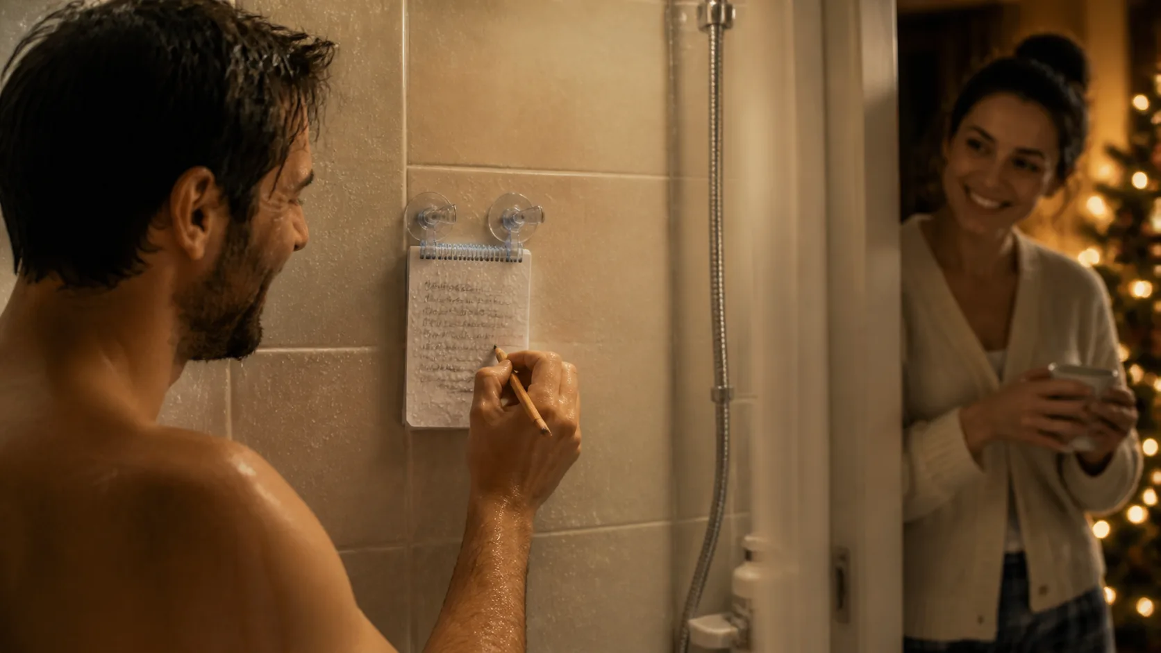 Representative waterproof notepad and pencil suction-mounted to shower tile