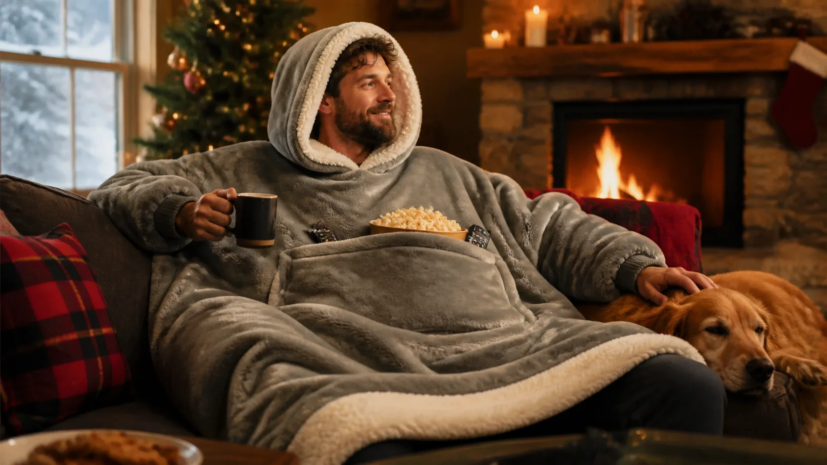 Representative oversized sherpa blanket hoodie draped on a cozy couch
