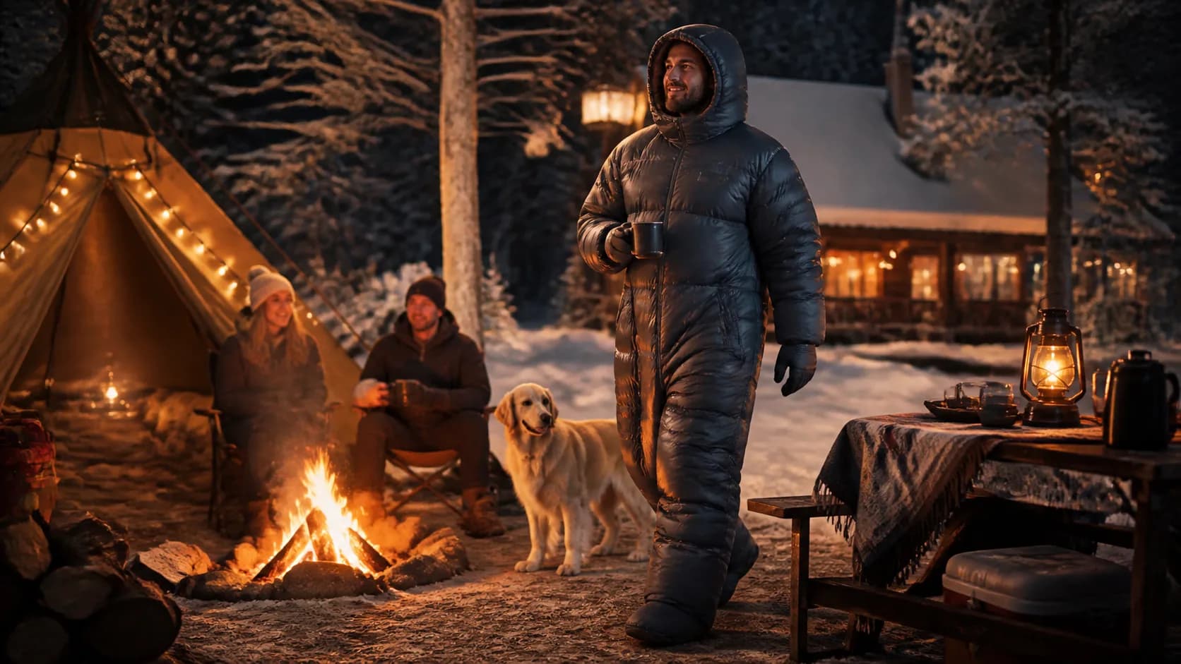 Representative person walking around a campsite in a full-body sleeping bag suit