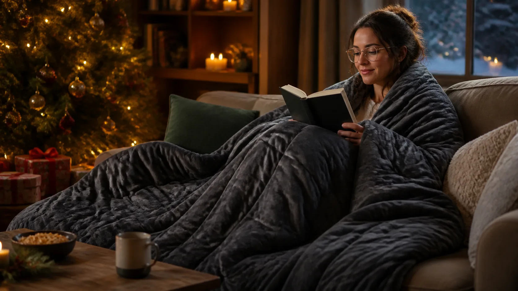 Representative weighted blanket draped heavily over a person reading on a couch