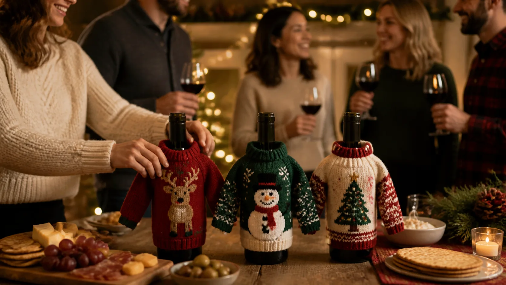 Representative wine bottles wearing tiny knitted holiday sweaters on a party table