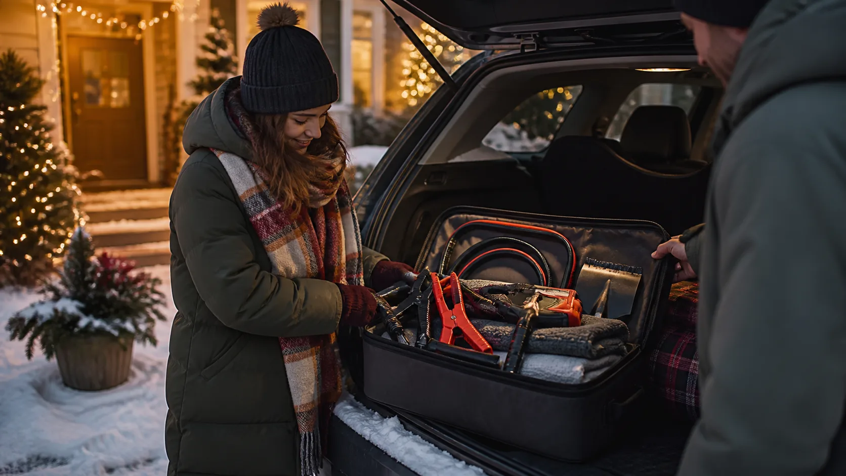 Representative winter car emergency kit bag with jumper cables and folding shovel in a trunk