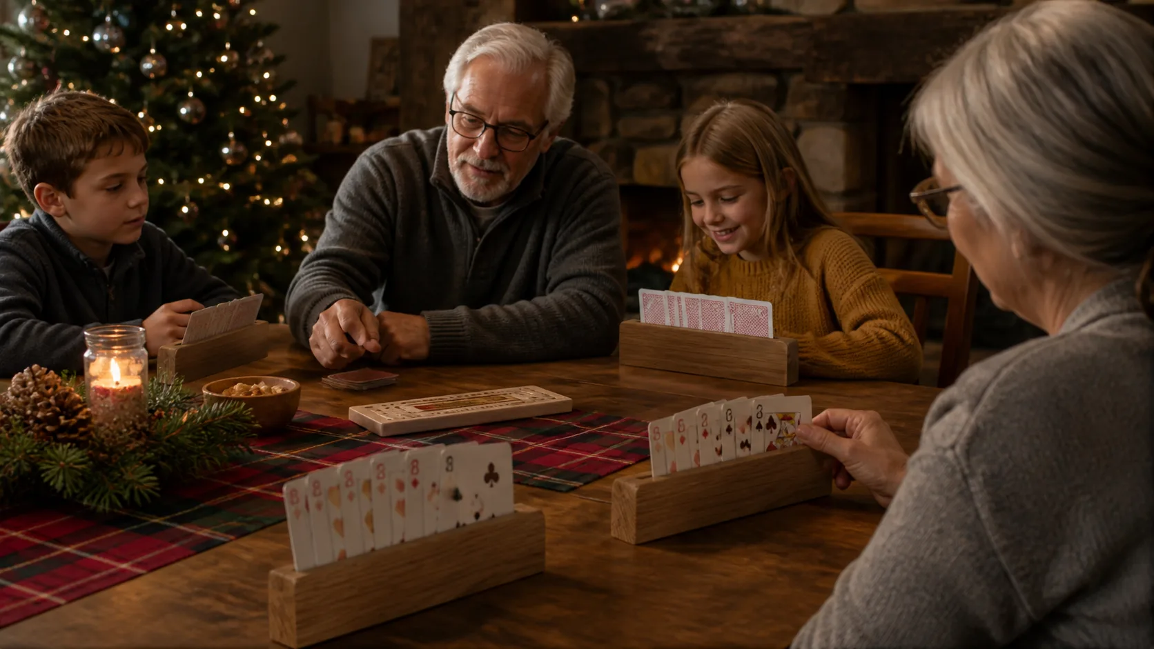 Representative wooden card holder racks displaying fanned playing cards on a table