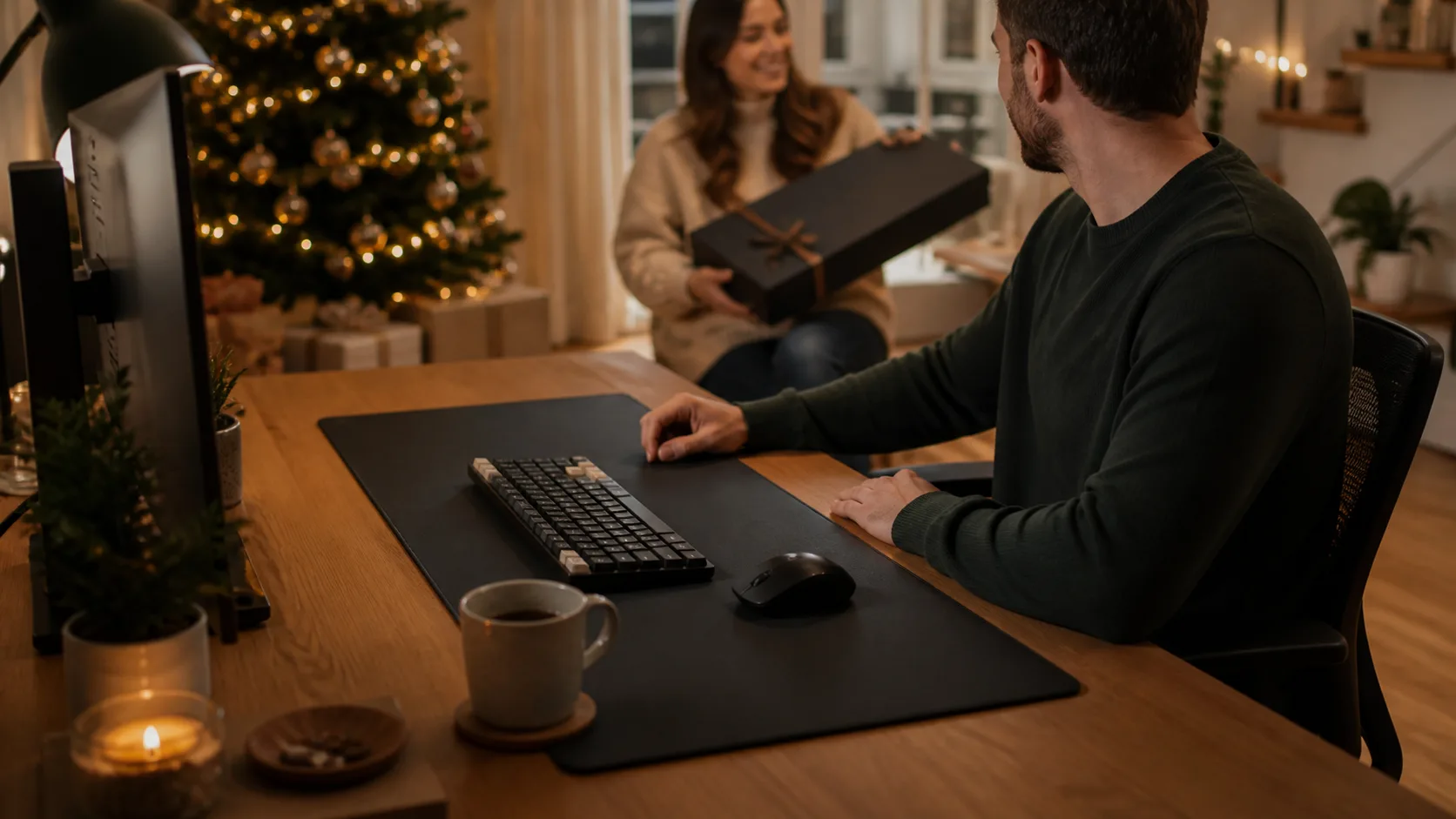 Representative extended desk mat under a keyboard and mouse on a wooden desk