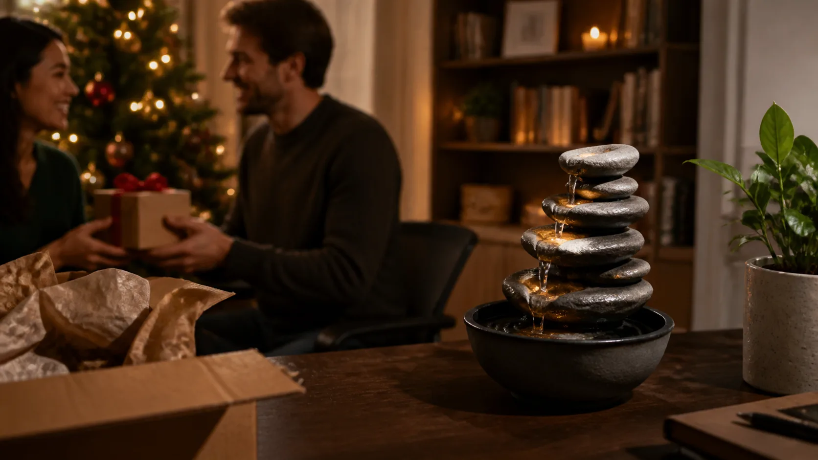 Representative small tabletop water fountain with stacked stones and soft lighting