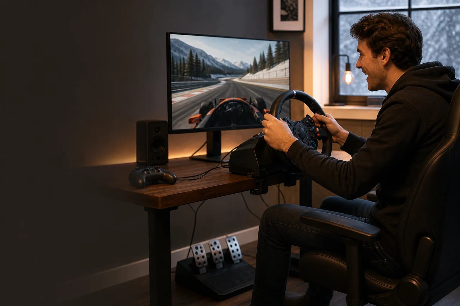 Representative racing wheel and three-pedal setup clamped to a sturdy gaming desk