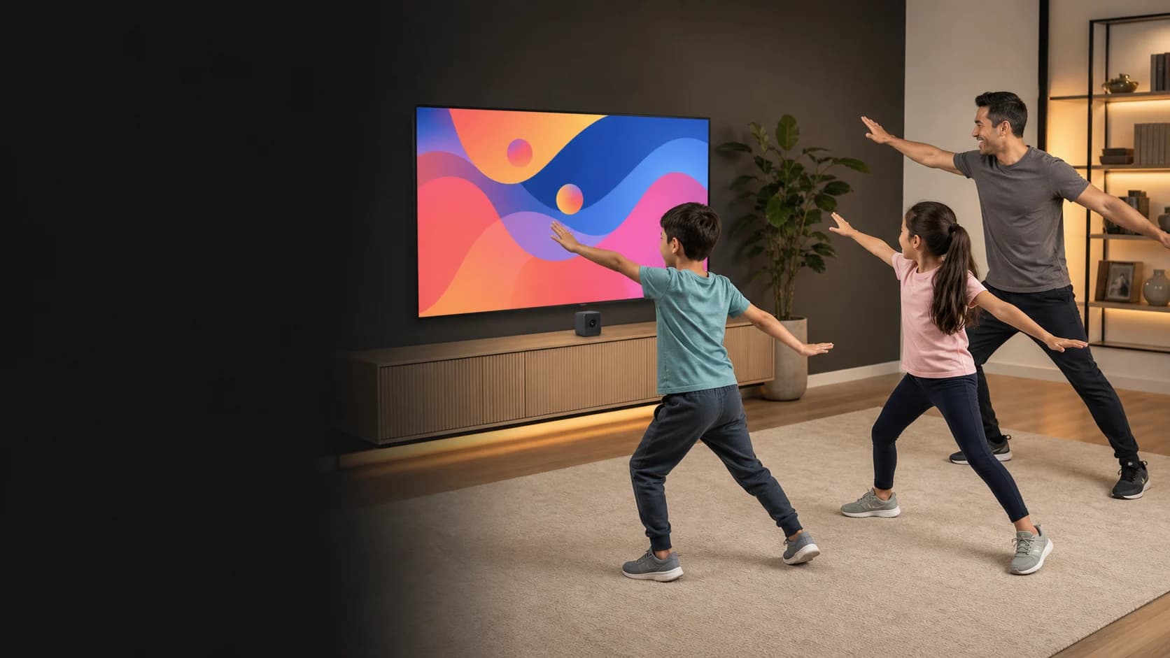 Representative family active-play scene in a clear living-room space
