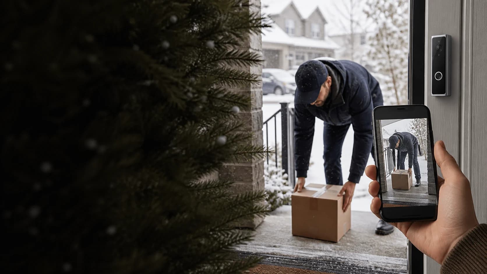 Representative battery video doorbell viewing a courier and parcel on a snowy porch