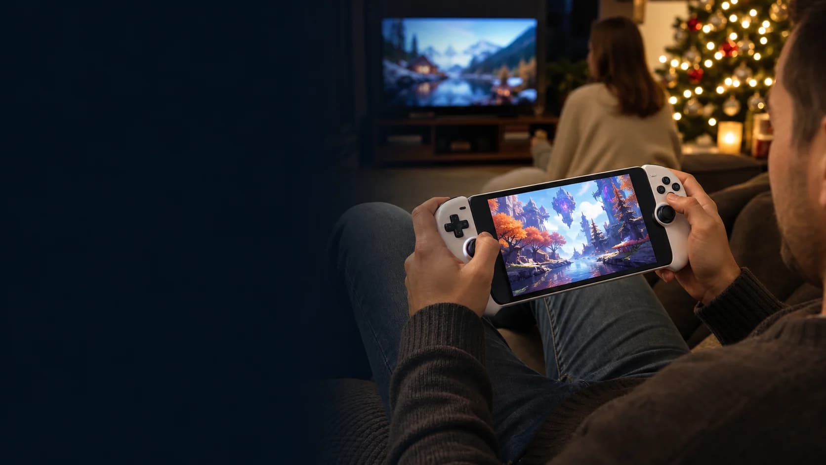 Representative player using a generic streaming handheld while another person watches television