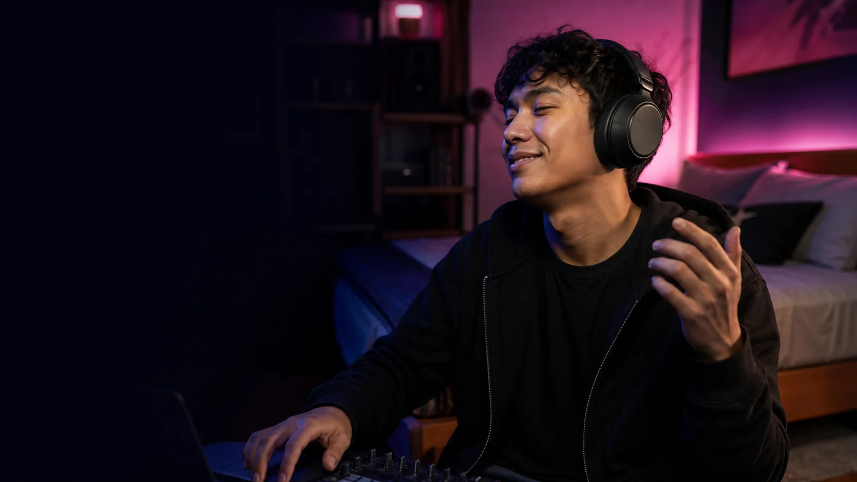 Representative listener enjoying bass-focused over-ear headphones at home