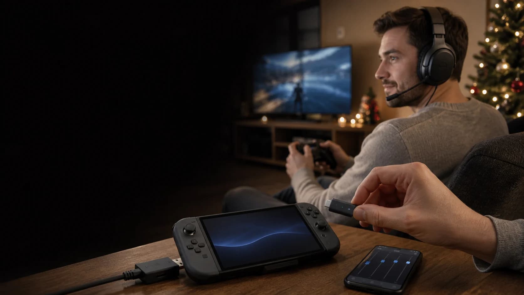 Representative gamer moving a generic wireless headset dongle between gaming devices