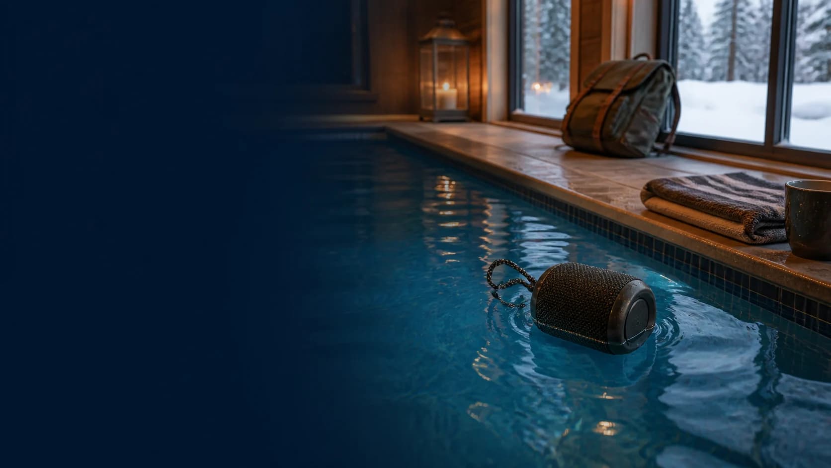 Representative waterproof portable speaker floating in a winter cabin pool