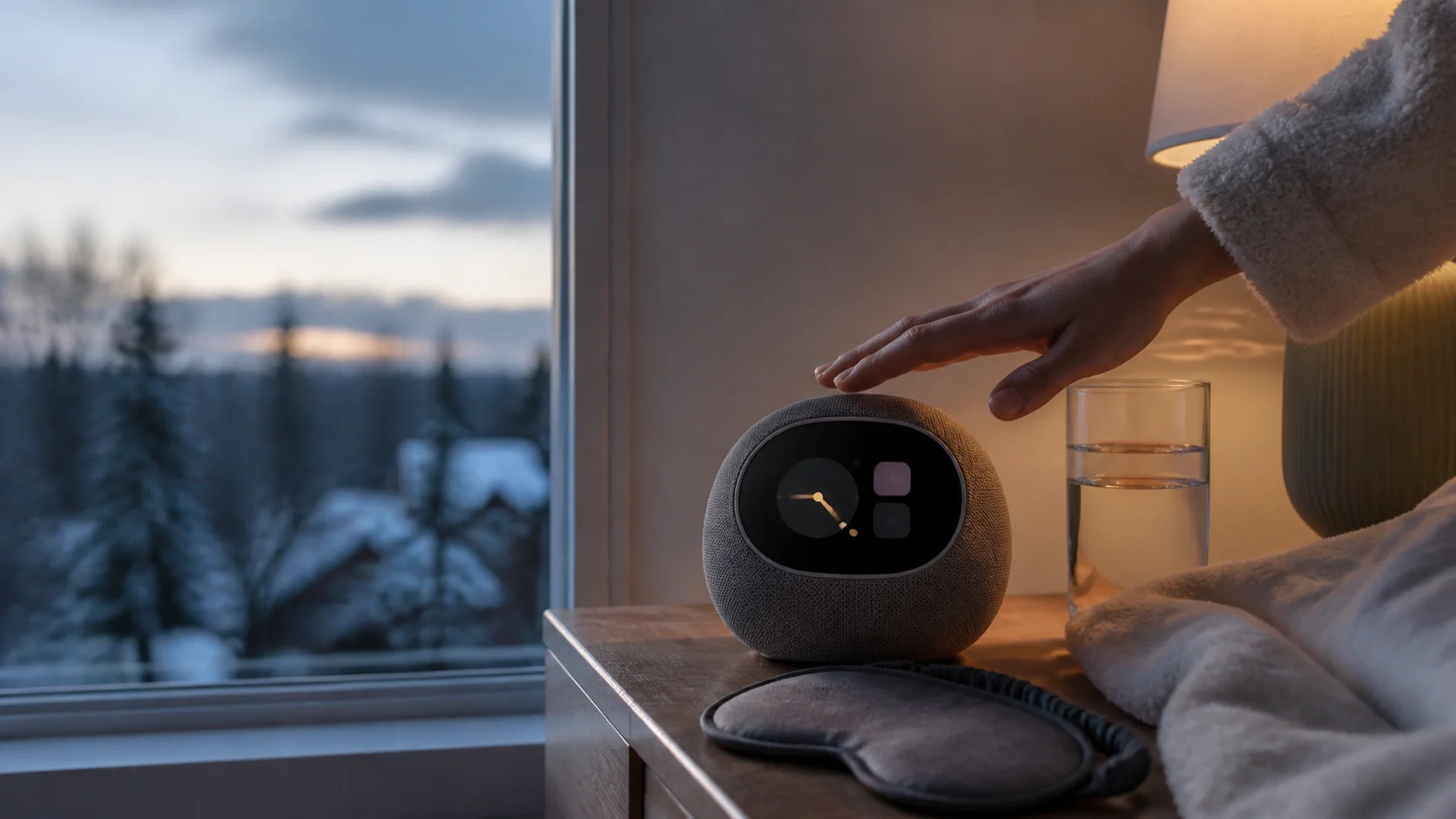 Representative compact smart alarm clock on a winter bedside table