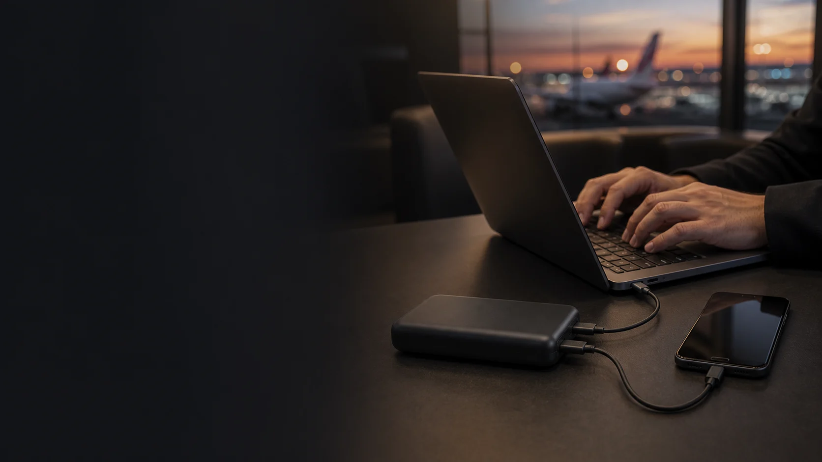 Representative high-output power bank charging travel technology at a desk