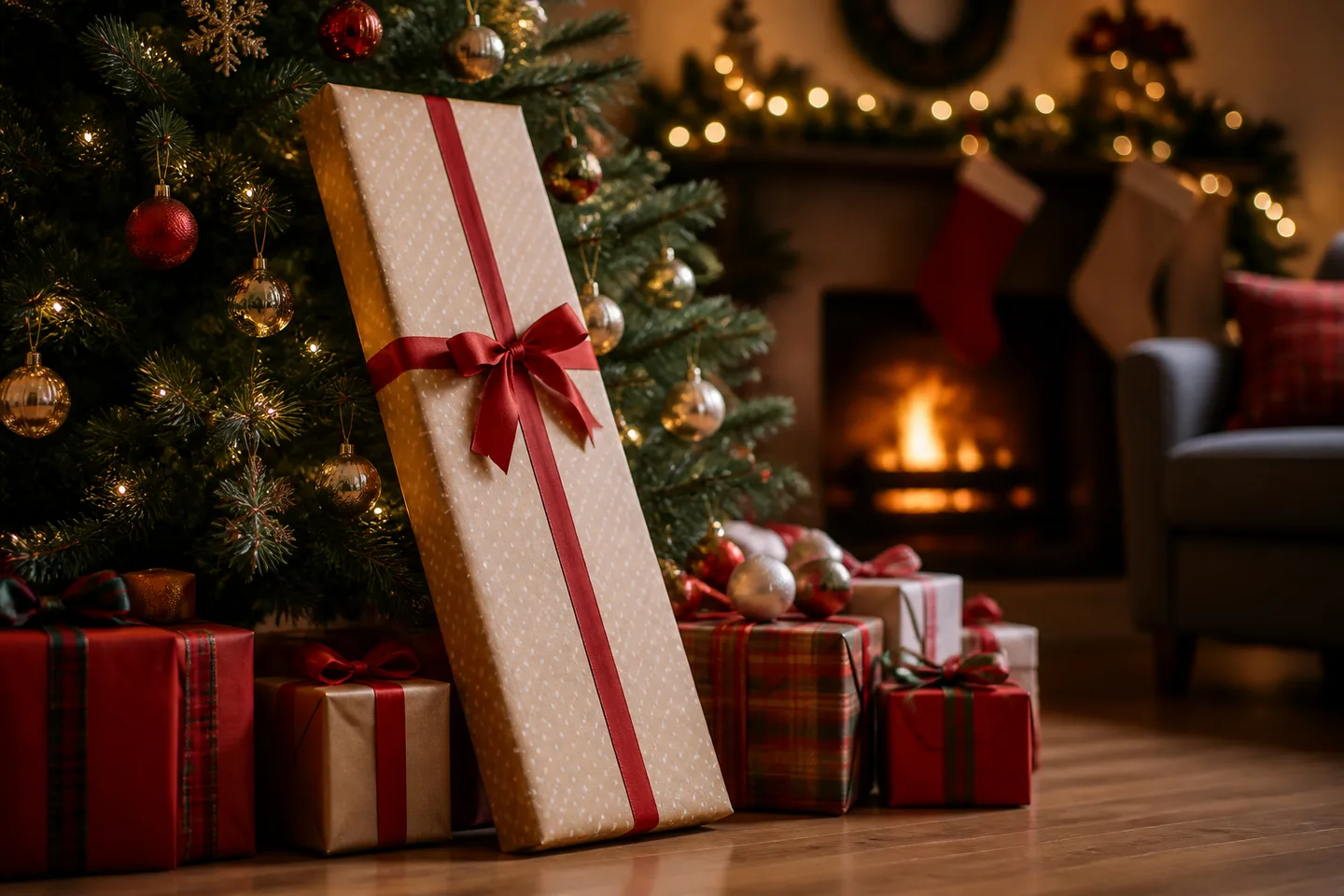 Image spot: a big flat gift box propped by the tree