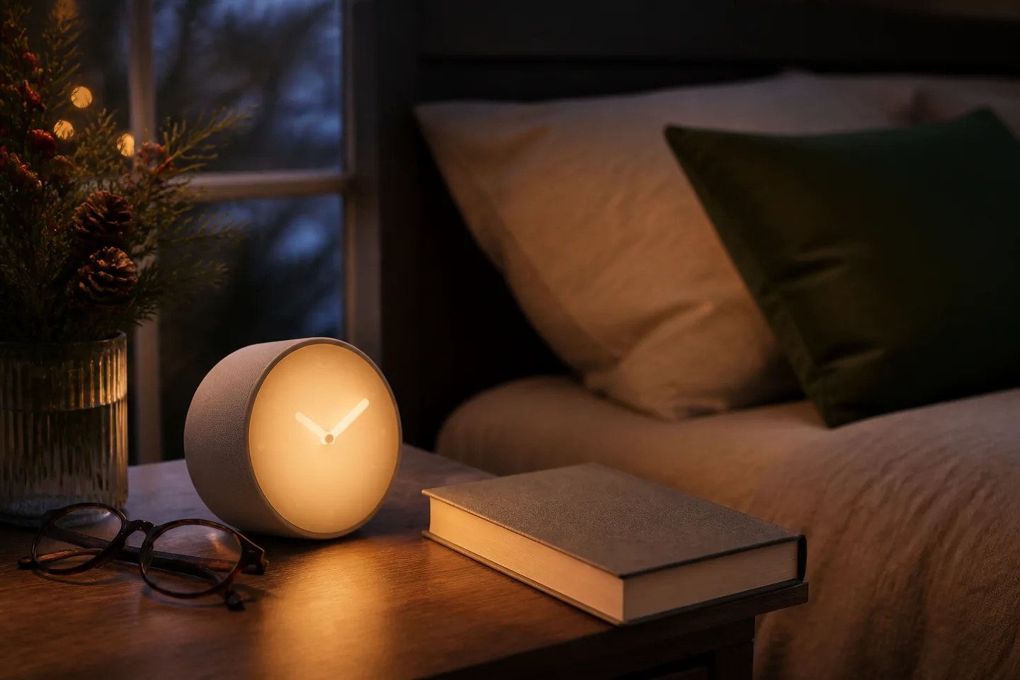 Image spot: the little clock glowing on a nightstand