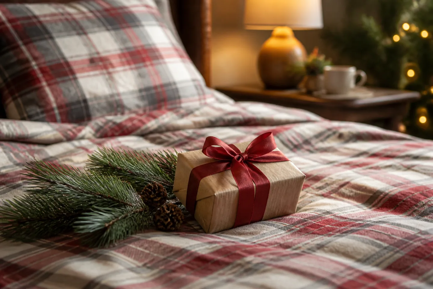 Image spot: a small wrapped gift on winter bedding