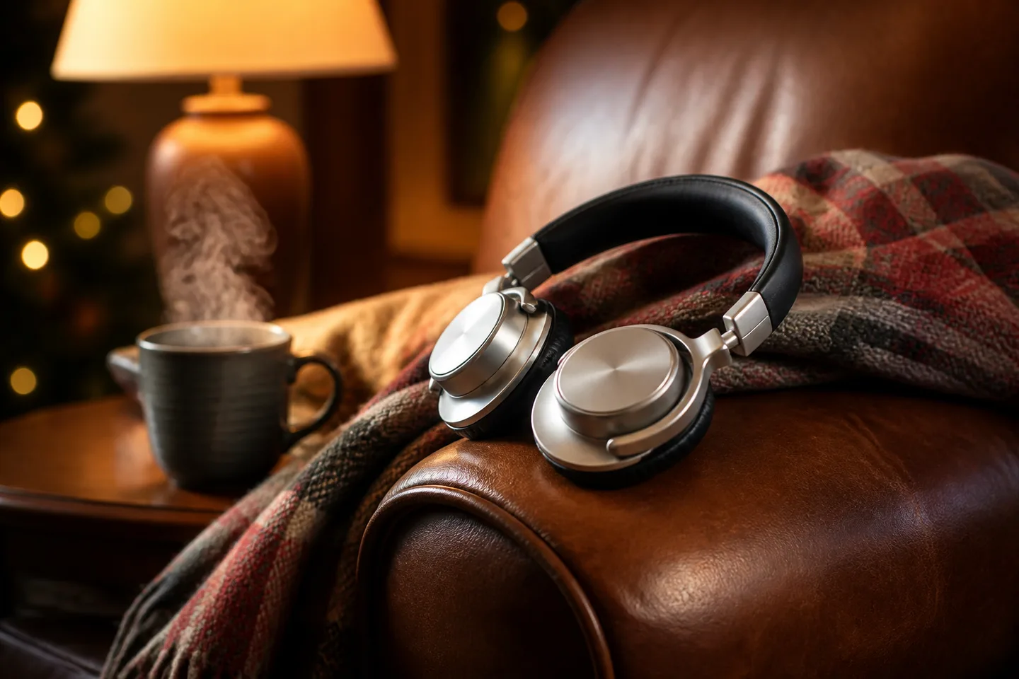 Image spot: over-ears resting on a reading chair