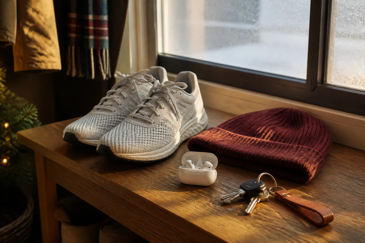Image spot: earbuds and running shoes by the front door